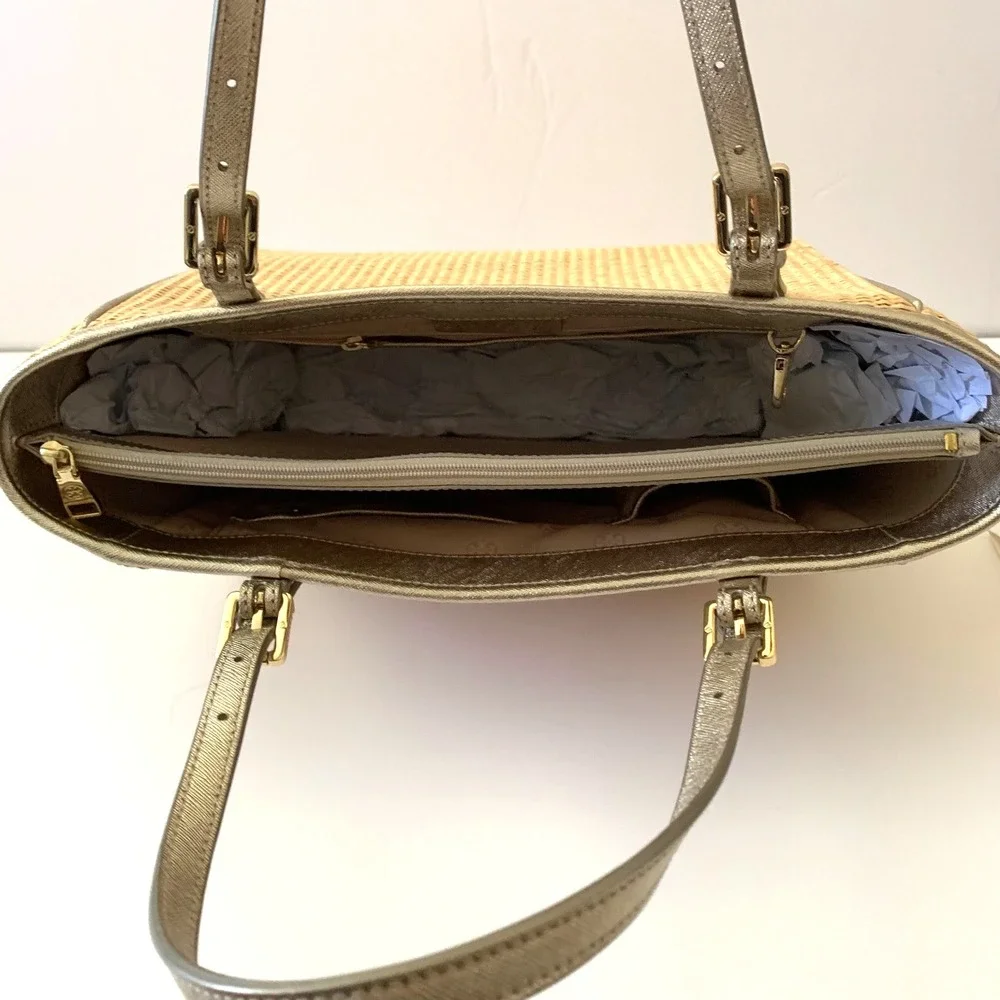 NWT Tory Burch York Straw Small Buckle Tote Bag Gold Metallic